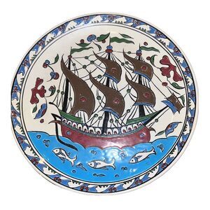 ikaros rhodes pottery ship plate 10.5” Handmade Greece handmade Vintage